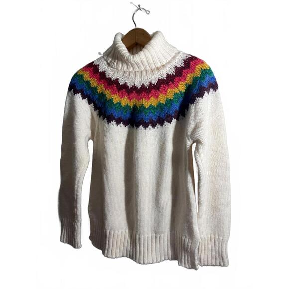 Alya White Wool Blend Turtleneck Sweater with Colorful Pattern Large - Picture 1 of 10
